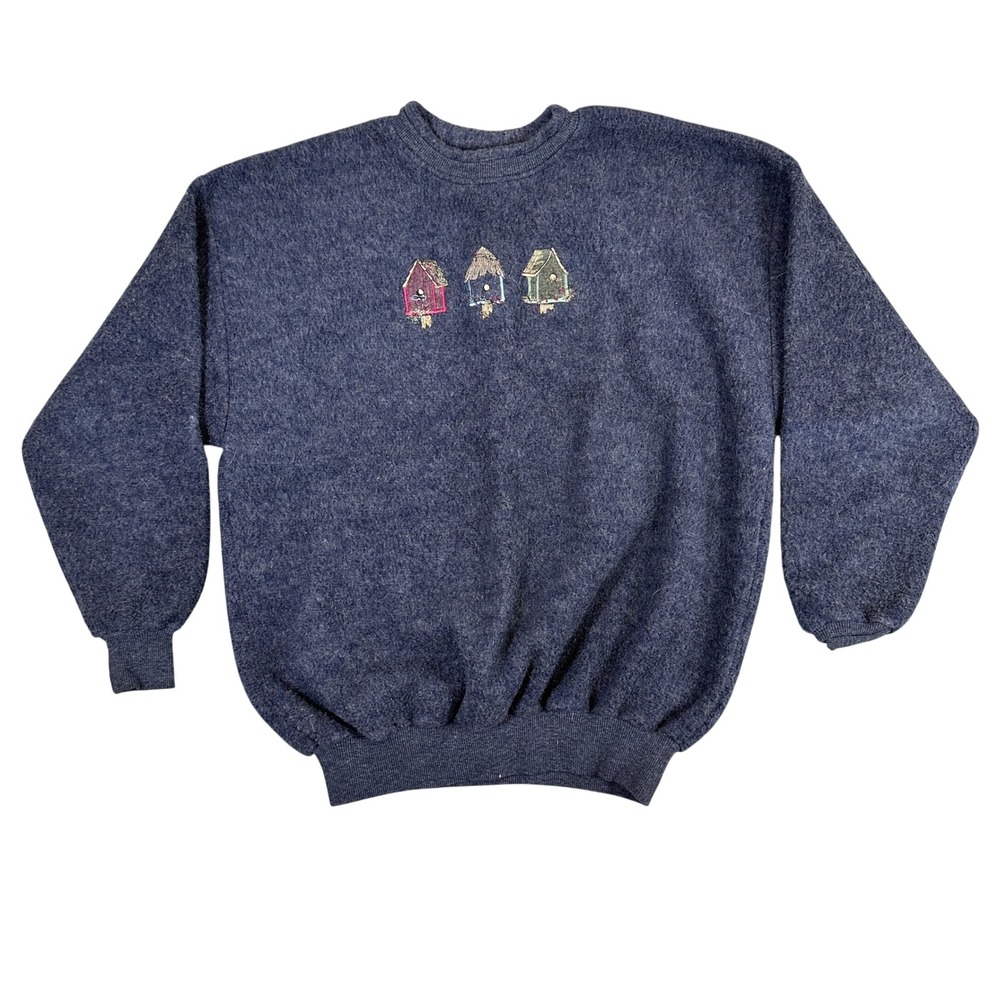 Art Unlimited Navy Blue Birdhouse Embroidered Sweatshirt XL Vintage Style